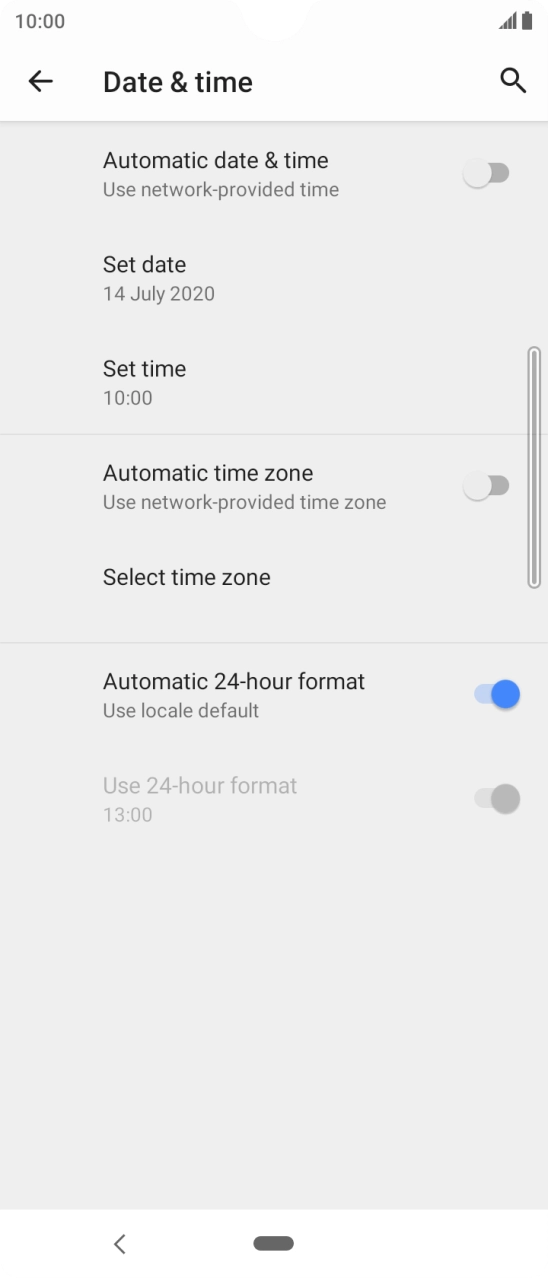 Press the indicator next to 'Automatic date & time' to turn on the function.