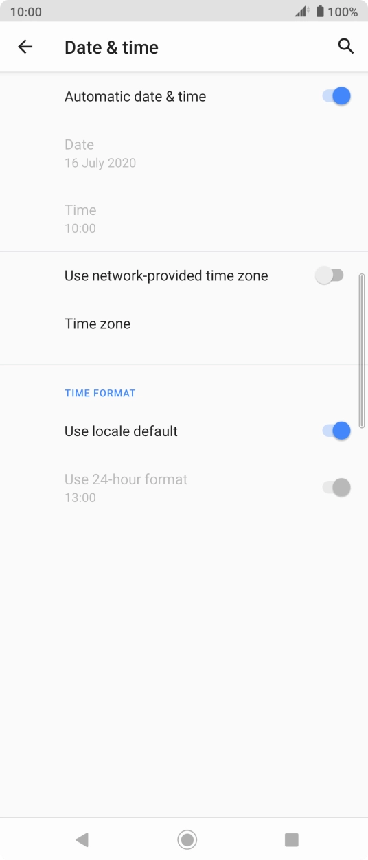 Press the indicator next to 'Use network-provided time zone' to turn on the function.
