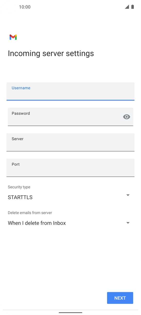 Press the field below 'Server' and key in the name of your email provider's incoming server. Press the field below 'Server' and key in the name of your email provider's incoming server.