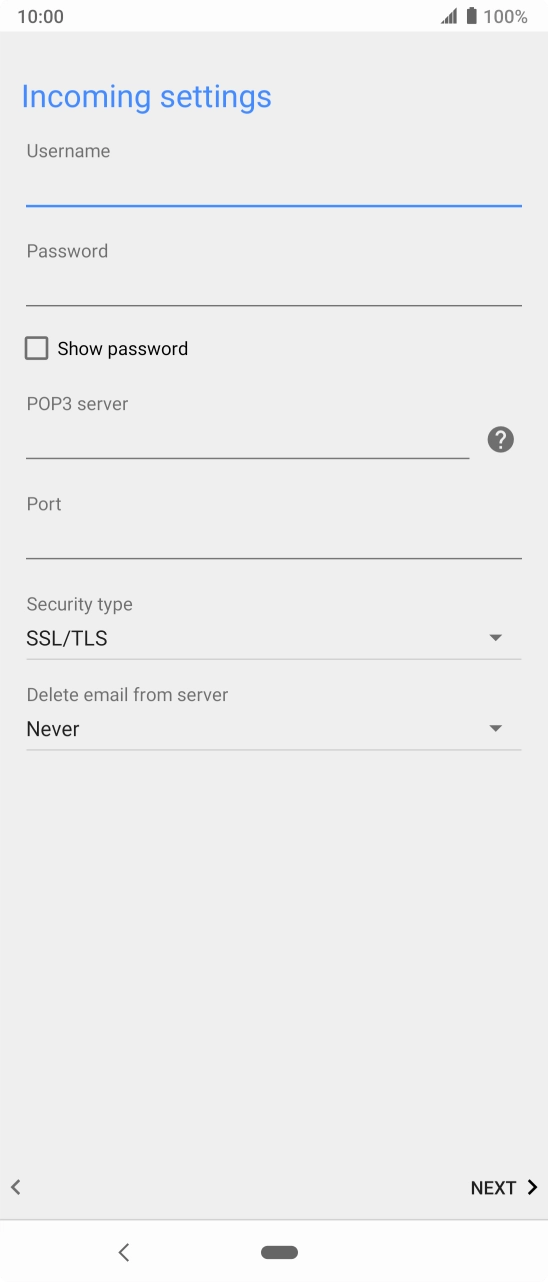 Press the field below 'POP3 server' and key in the name of your email provider's incoming server. Press the field below 'POP3 server' and key in the name of your email provider's incoming server.