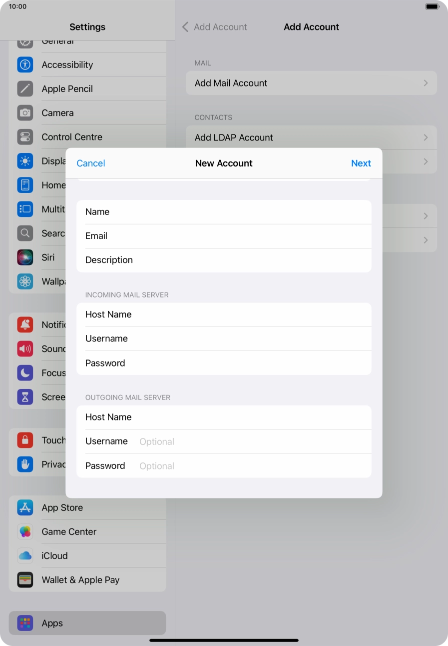 Press Username and key in the username for your email account.