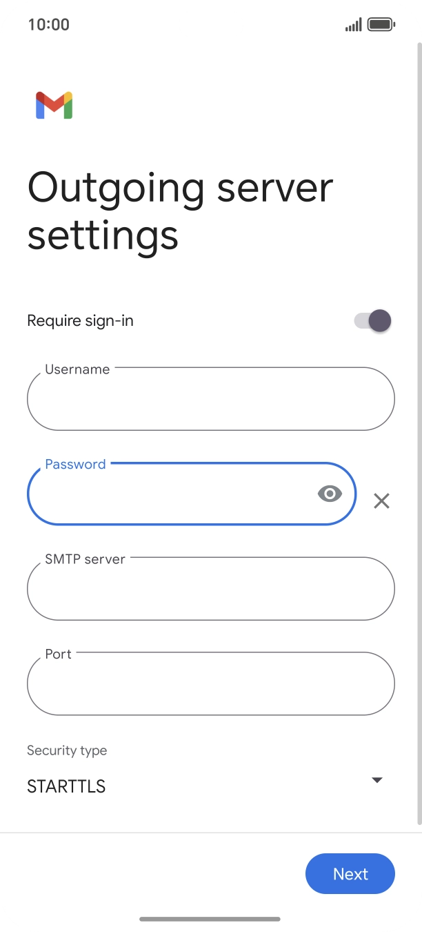 Press the field below 'SMTP server' and key in the name of your email provider's outgoing server. Press the field below 'SMTP server' and key in the name of your email provider's outgoing server.