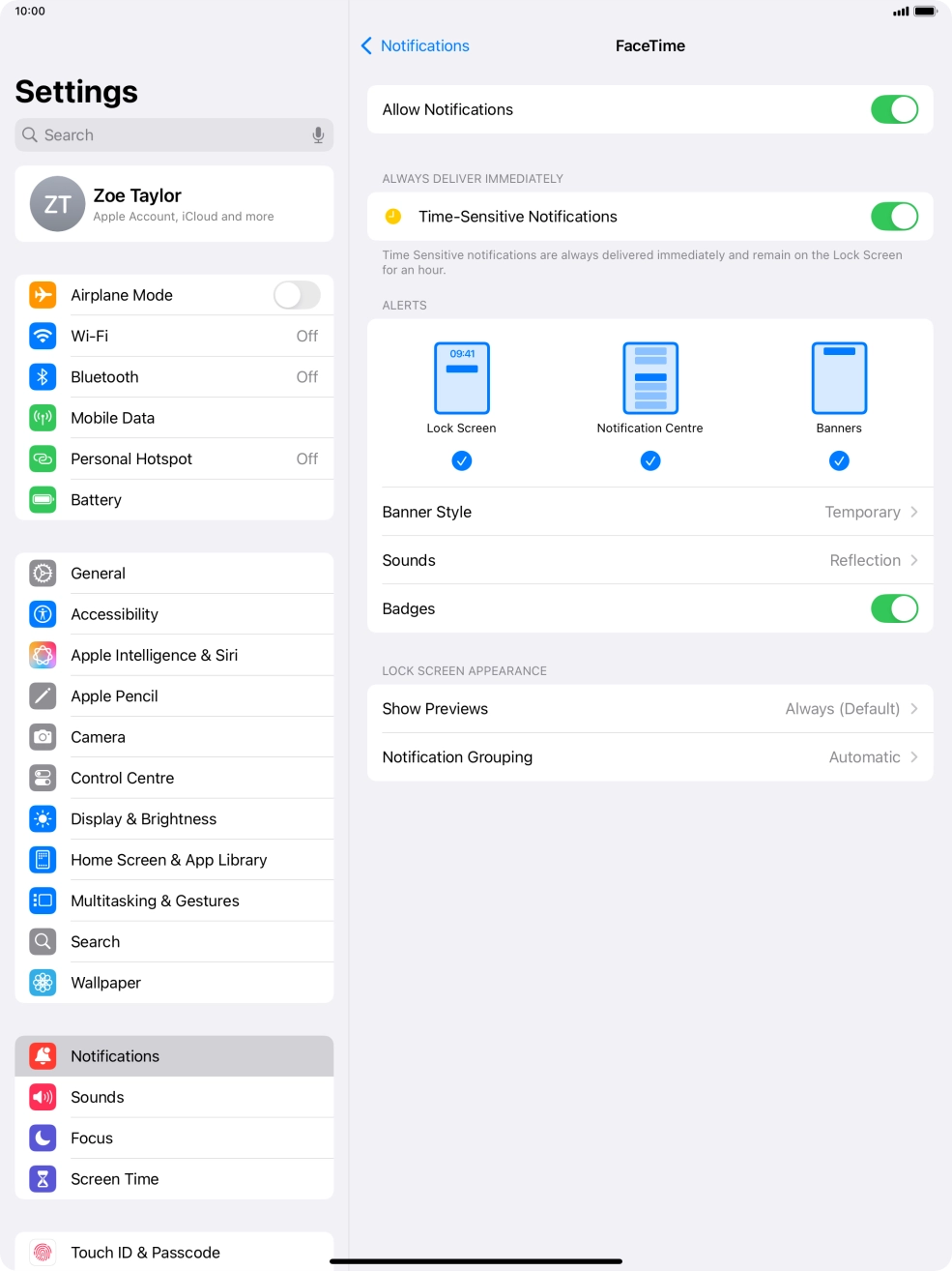 Press the indicator next to 'Allow Notifications' to turn notifications for the selected application on or off. Press the indicator next to 'Allow Notifications' to turn notifications for the selected application on or off.