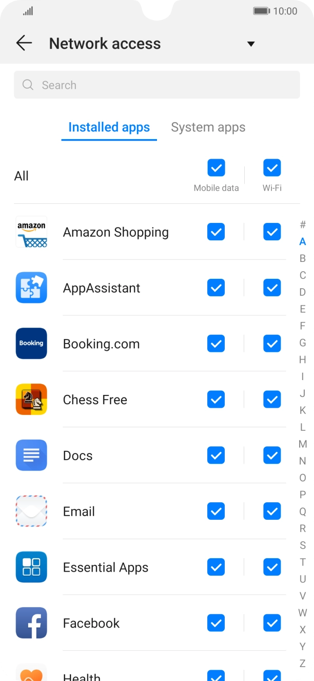 Press the field next to the application name in the 'Mobile data' column to turn the function on or off. Press the field next to the application name in the 'Mobile data' column to turn the function on or off.