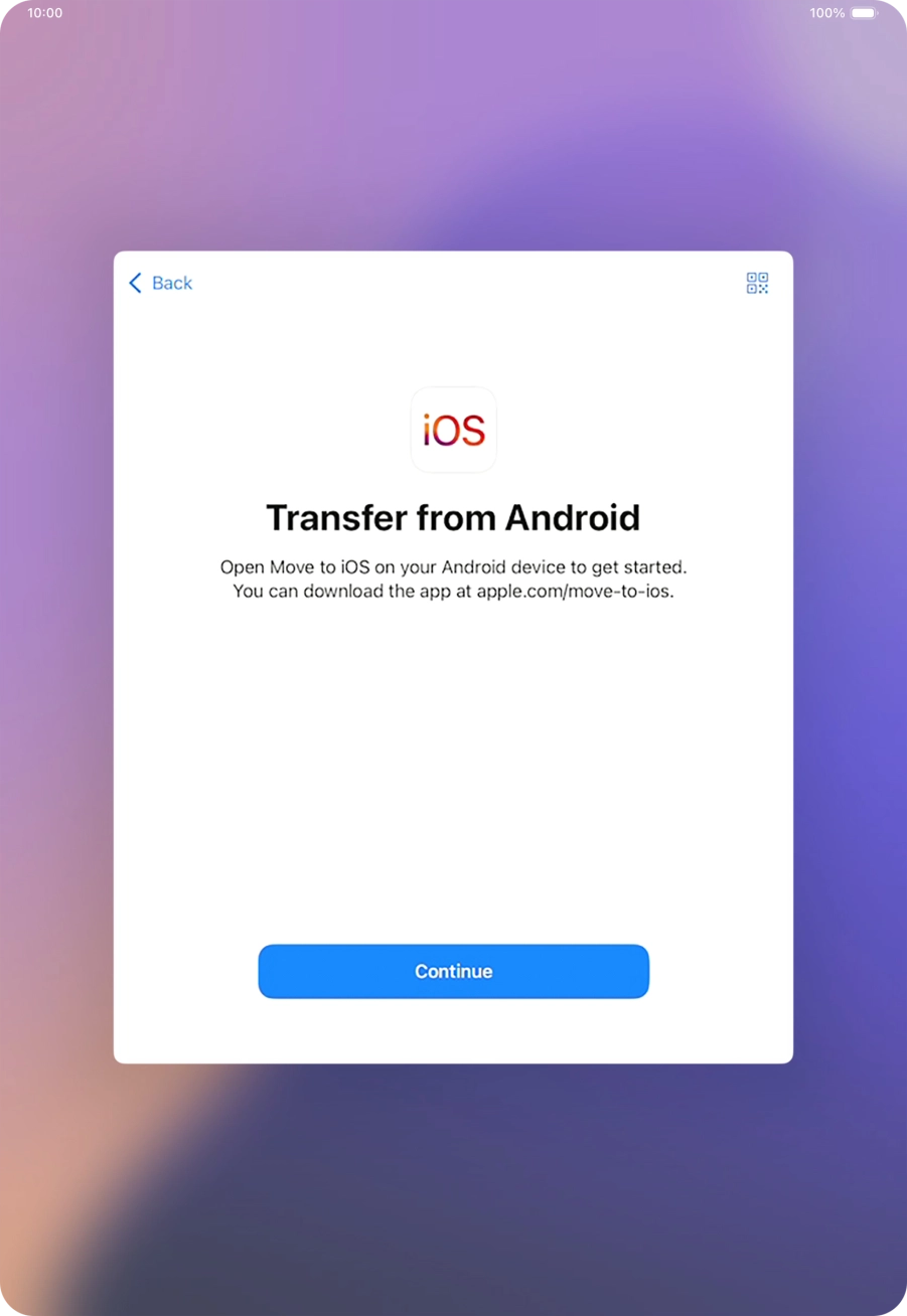 To transfer content to your tablet, you need to install the app 'Move to iOS' on the Android device. When the app is installed, press Continue.