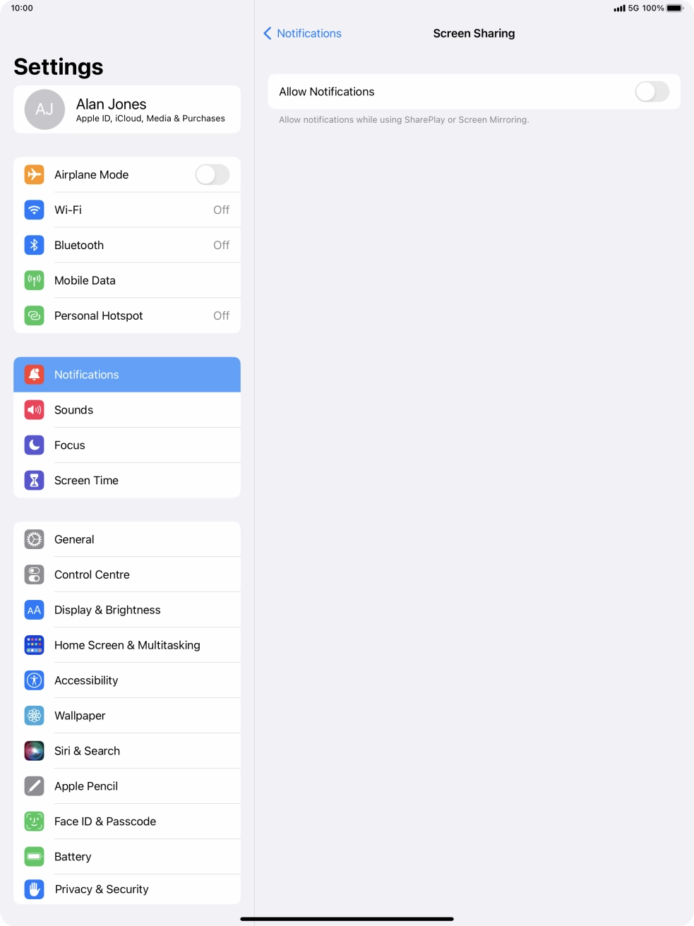 Press the indicator next to 'Allow Notifications' to turn the function on or off. Press the indicator next to 'Allow Notifications' to turn the function on or off.