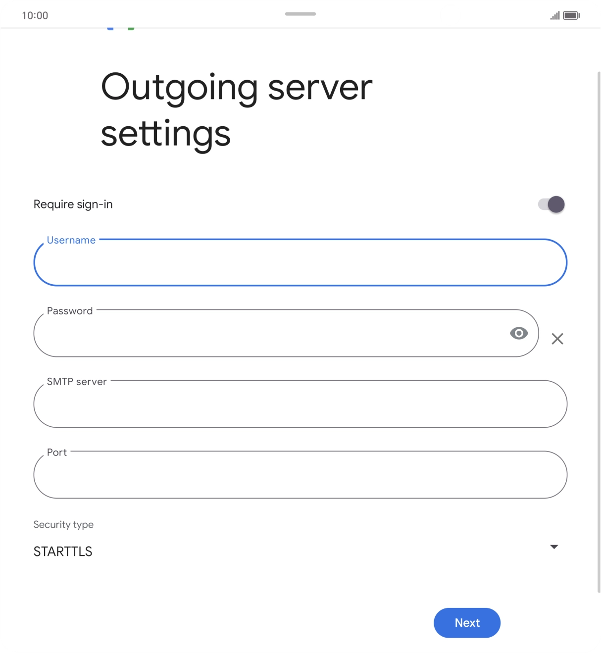 Press the field below 'Password' and key in the password of your email provider's outgoing server. Press the field below 'Password' and key in the password of your email provider's outgoing server.