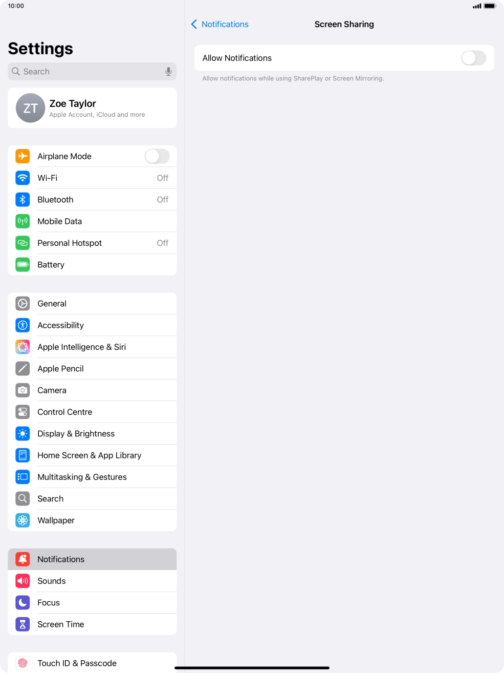 Press the indicator next to 'Allow Notifications' to turn the function on or off. Press the indicator next to 'Allow Notifications' to turn the function on or off.