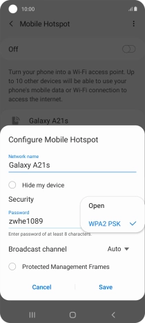 Press WPA2 PSK to password protect your WiFi hotspot.