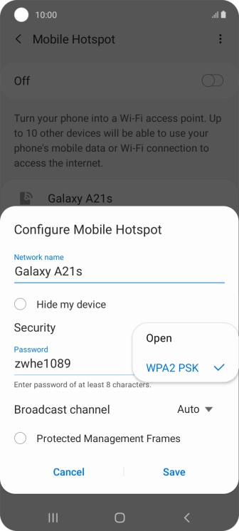 Press WPA2 PSK to password protect your WiFi hotspot.