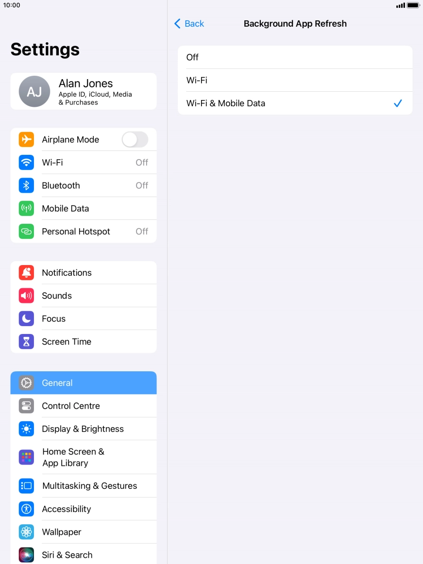 To turn off background refresh of apps, press Off. To turn off background refresh of apps, press Off.