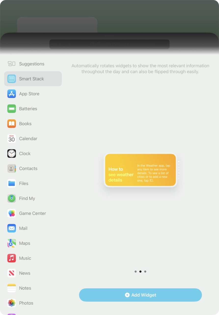 Slide your finger right or left on the screen to select the required widget size.
