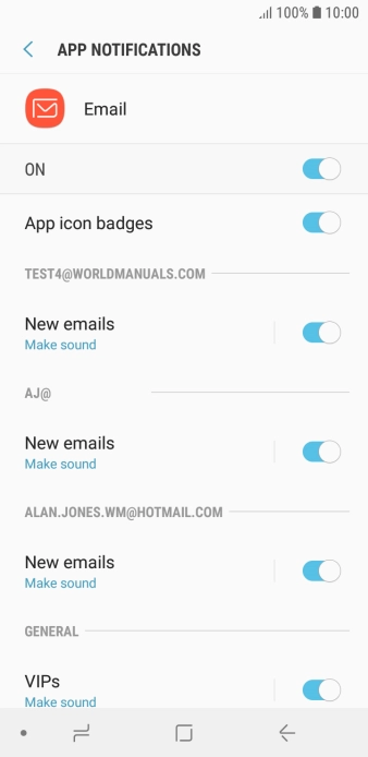 Press the indicator below the required email account to turn the function on or off. Press the indicator below the required email account to turn the function on or off.