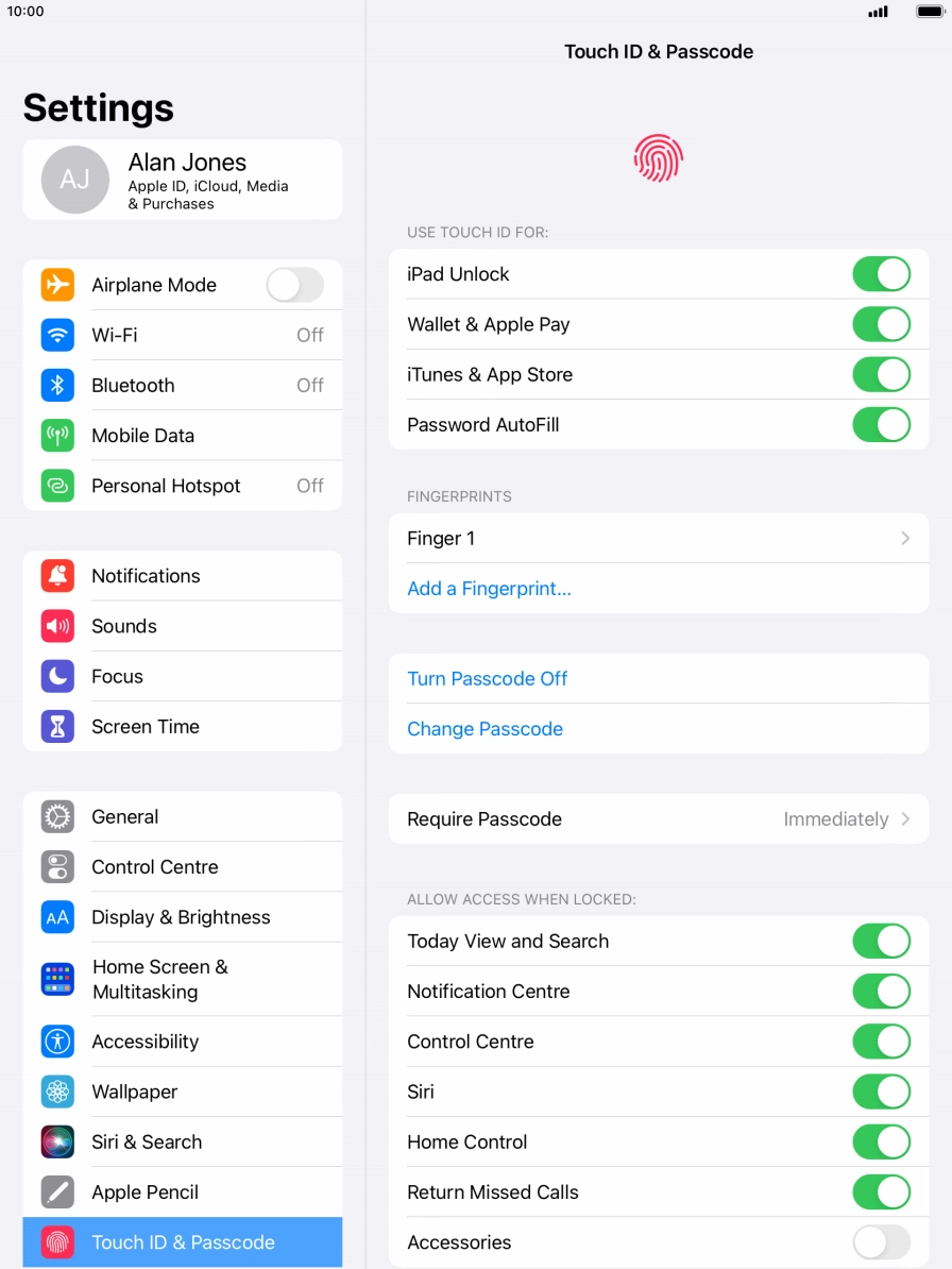 Press the indicator next to 'iPad Unlock' to turn the function on or off.