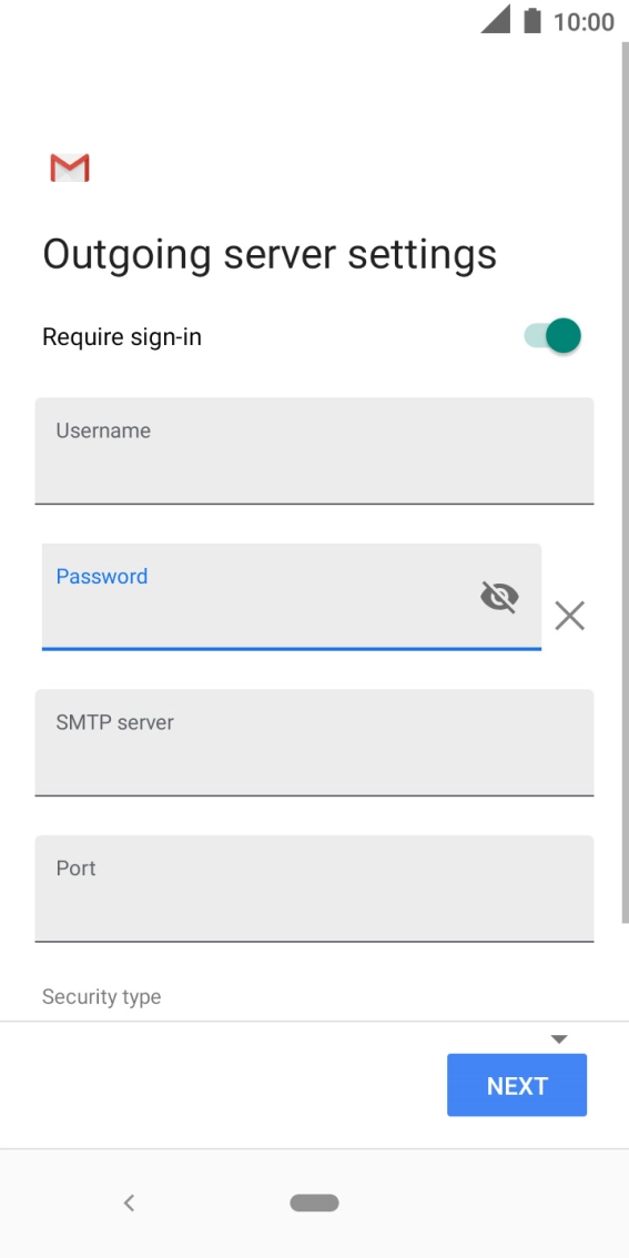 Press the field below 'SMTP server' and key in the name of your email provider's outgoing server. Press the field below 'SMTP server' and key in the name of your email provider's outgoing server.