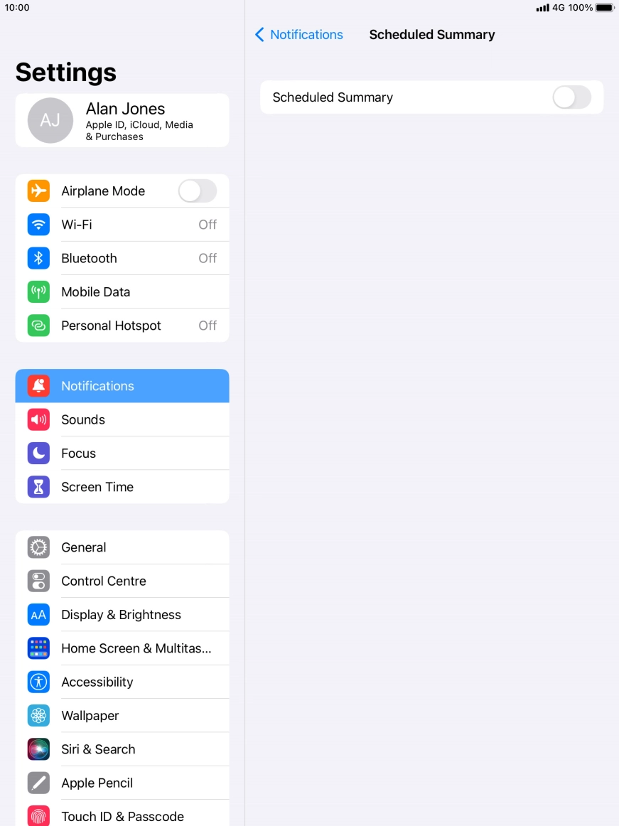 Press the indicator next to 'Scheduled Summary' to turn on the function and follow the instructions on the screen to set the notification summary. Press the indicator next to 'Scheduled Summary' to turn on the function and follow the instructions on the screen to set the notification summary.