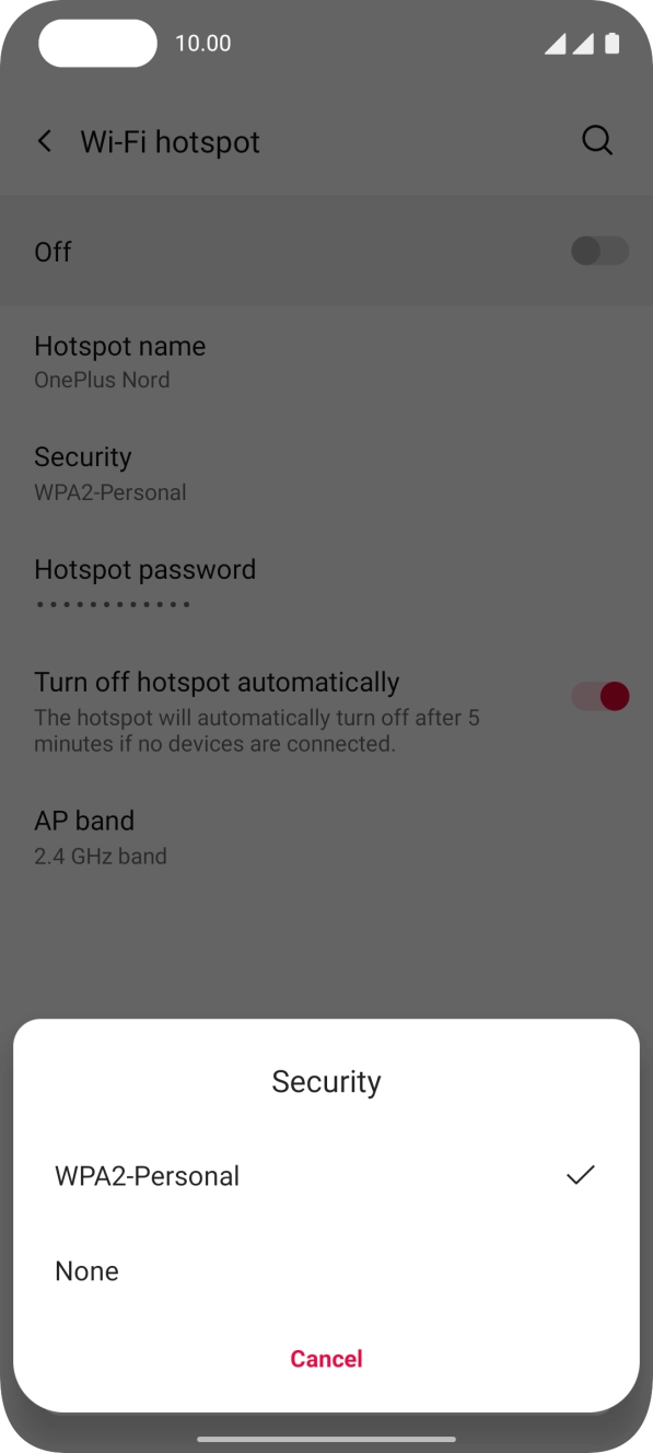 Press WPA2-Personal to password protect your WiFi hotspot. Press WPA2-Personal to password protect your WiFi hotspot.