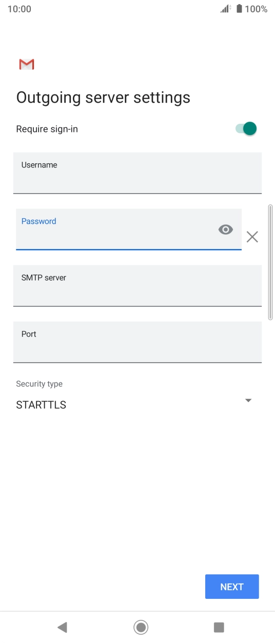 Press the field below 'SMTP server' and key in the name of your email provider's outgoing server. Press the field below 'SMTP server' and key in the name of your email provider's outgoing server.