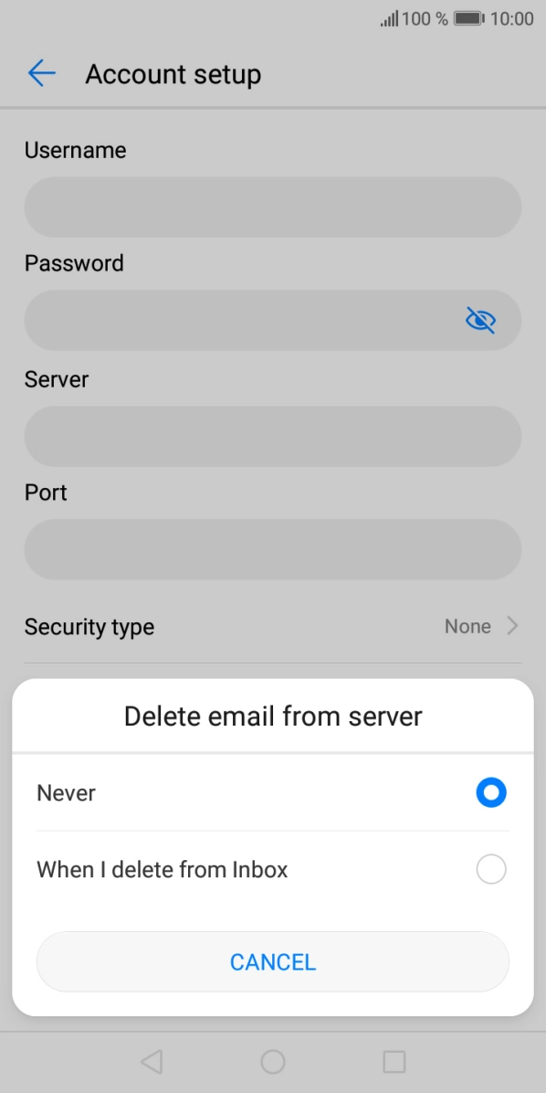 Press Never to keep emails on the server when you delete them on your phone. Press Never to keep emails on the server when you delete them on your phone.