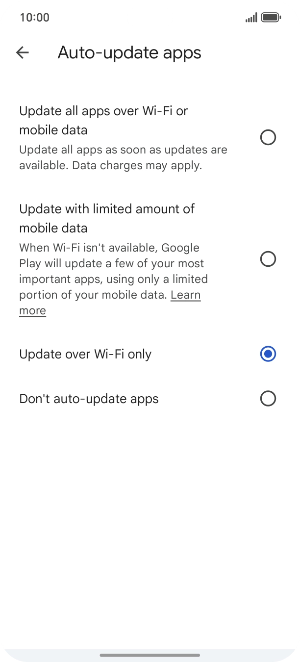 To turn on automatic update of apps using mobile network, press Update all apps over Wi-Fi or mobile data.