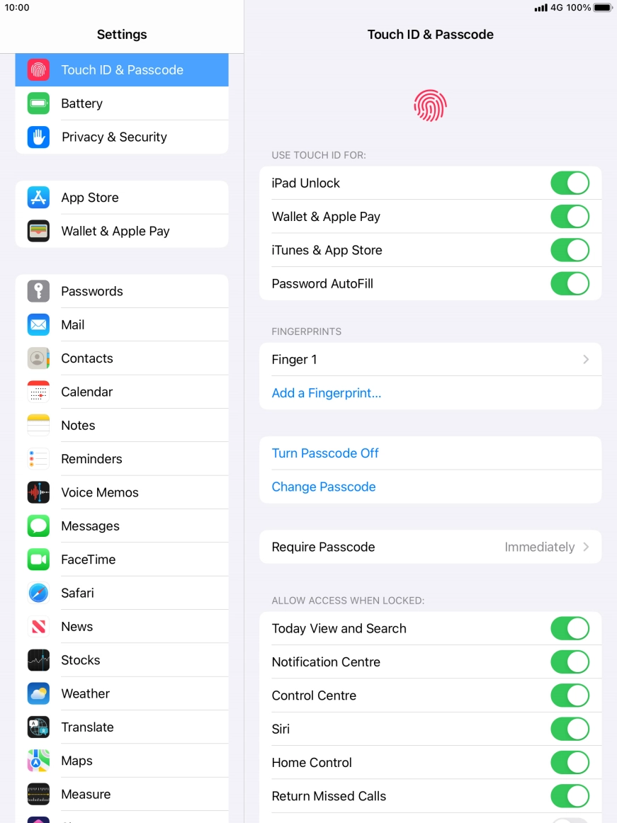 Press the indicator next to 'iPad Unlock' to turn the function on or off.