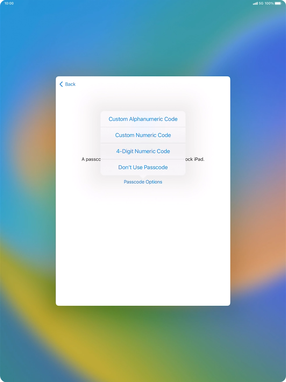 Follow the instructions on the screen to turn on the lock code or press Don't Use Passcode. Follow the instructions on the screen to turn on the lock code or press Don't Use Passcode.