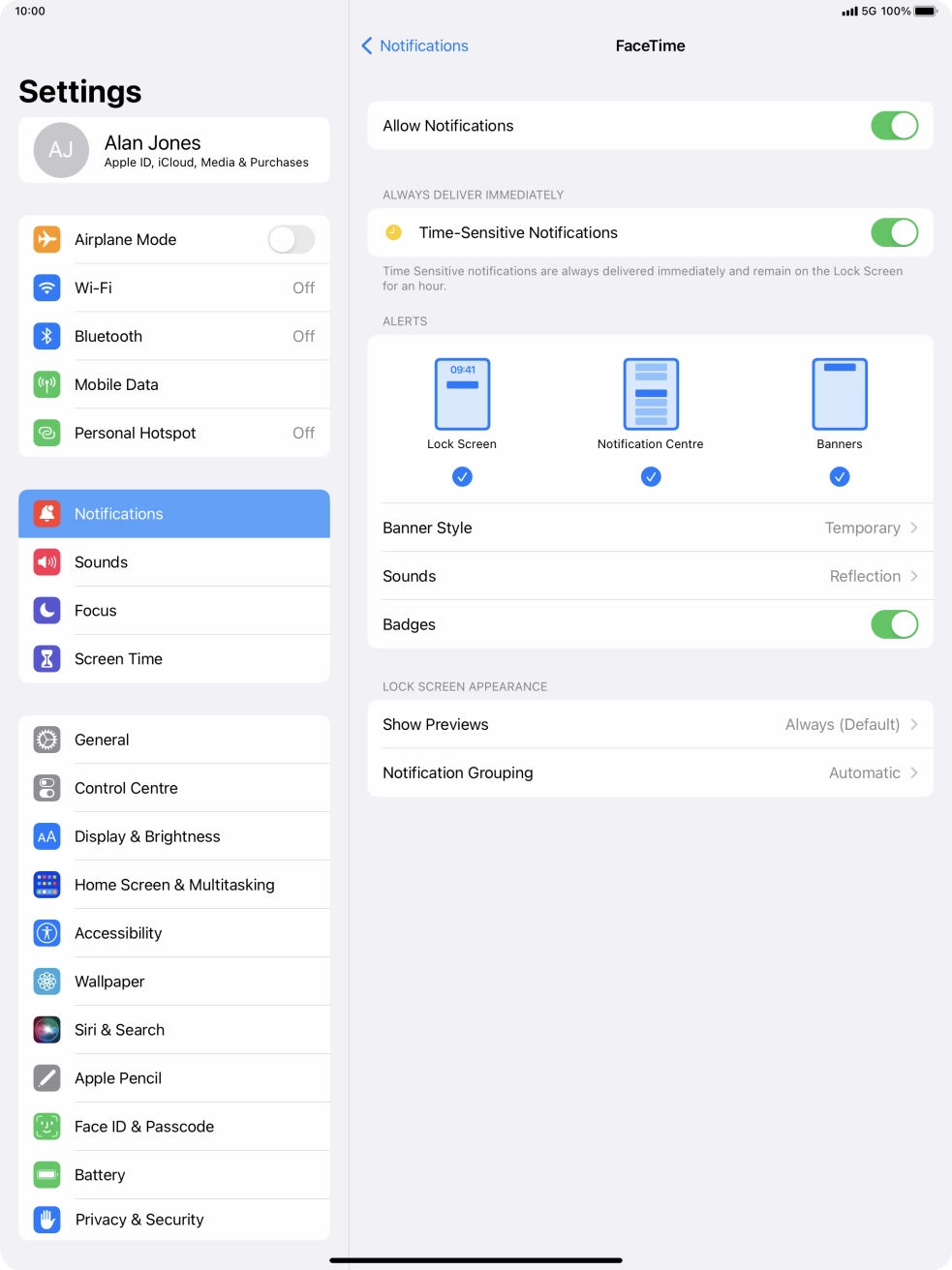 Press the indicator next to 'Allow Notifications' to turn notifications for the selected application on or off. Press the indicator next to 'Allow Notifications' to turn notifications for the selected application on or off.