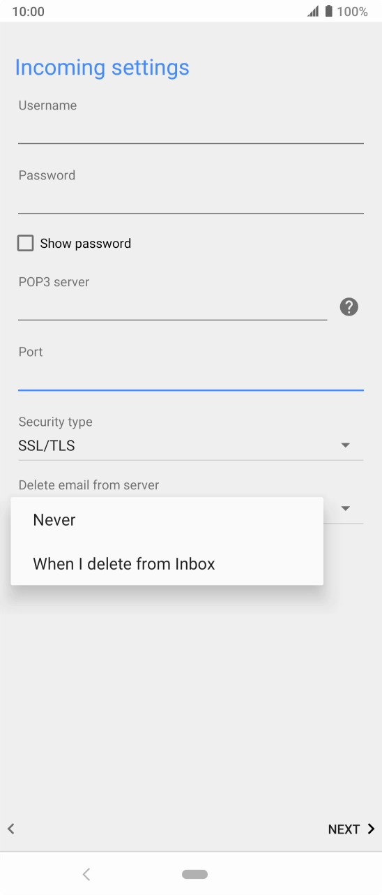 Press Never to keep emails on the server when you delete them on your phone. Press Never to keep emails on the server when you delete them on your phone.