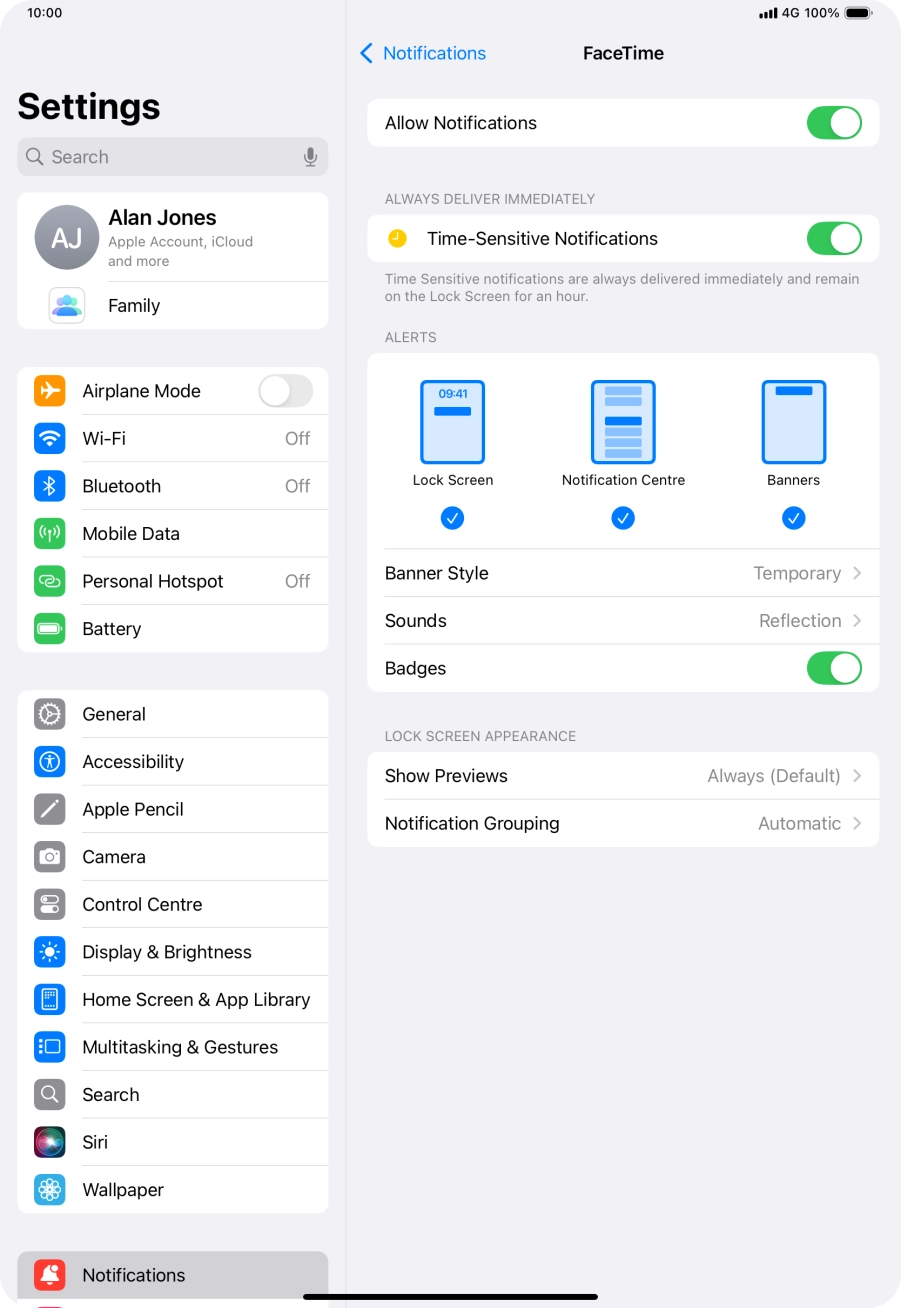 Press the indicator next to 'Allow Notifications' to turn notifications for the selected application on or off.