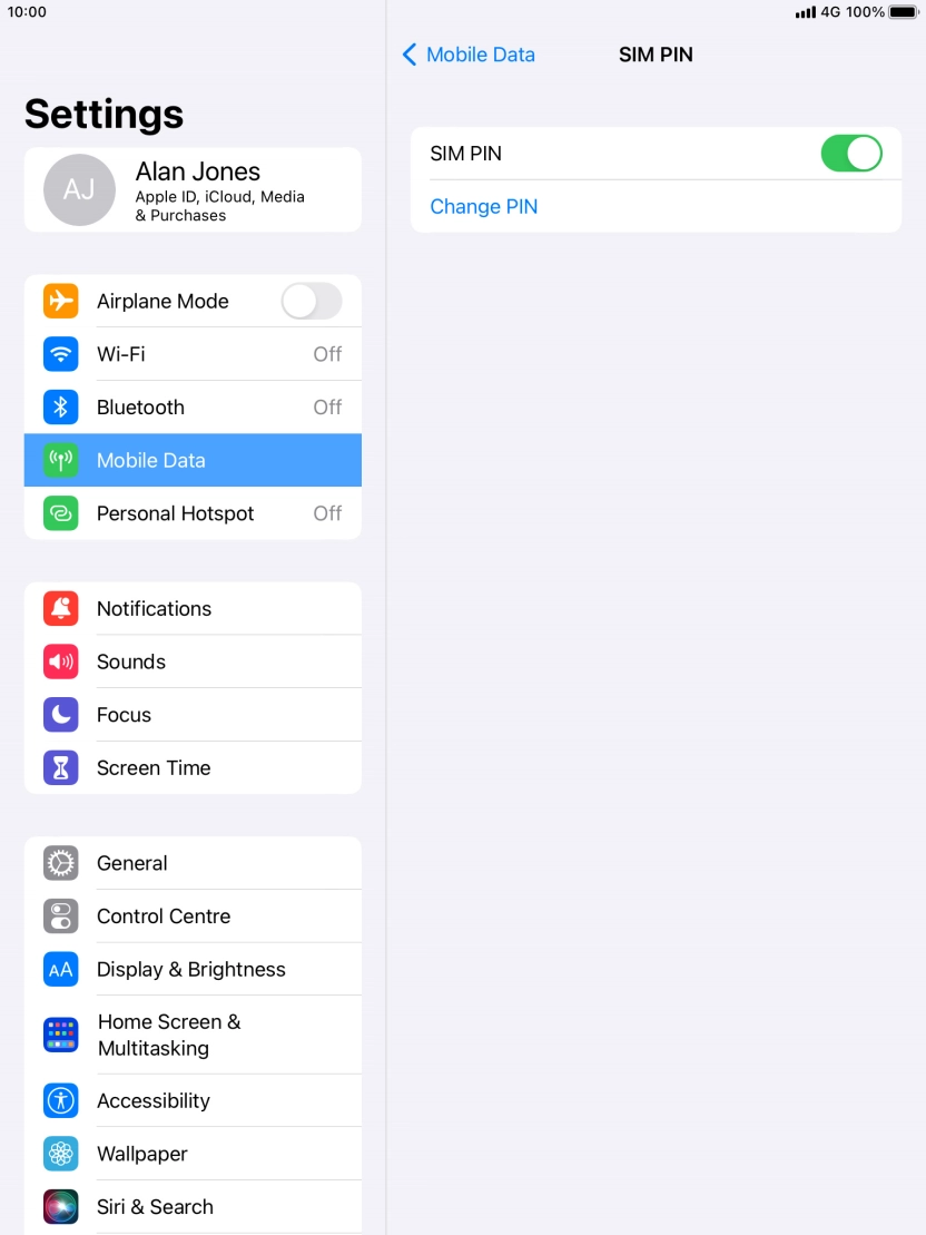 Press the indicator next to 'SIM PIN' to turn the function on or off.