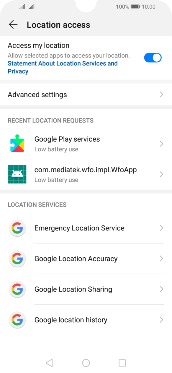 Press Google Location Accuracy. Press Google Location Accuracy.