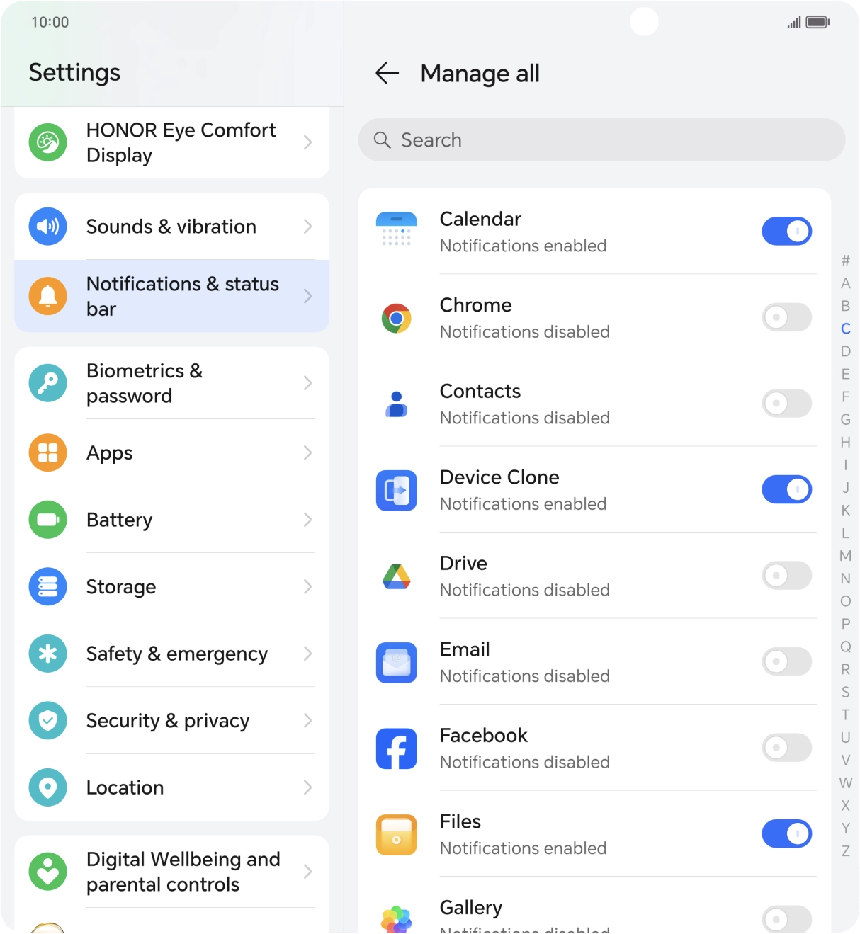 Press the indicators next to the required apps to turn the function on or off.