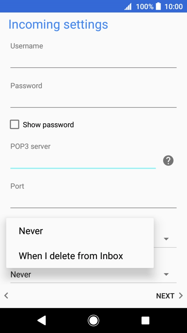 Press Never to keep emails on the server when you delete them on your phone. Press Never to keep emails on the server when you delete them on your phone.