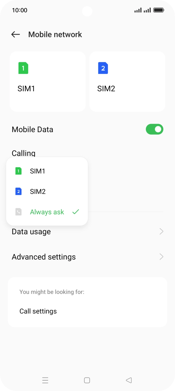 Press the required setting.