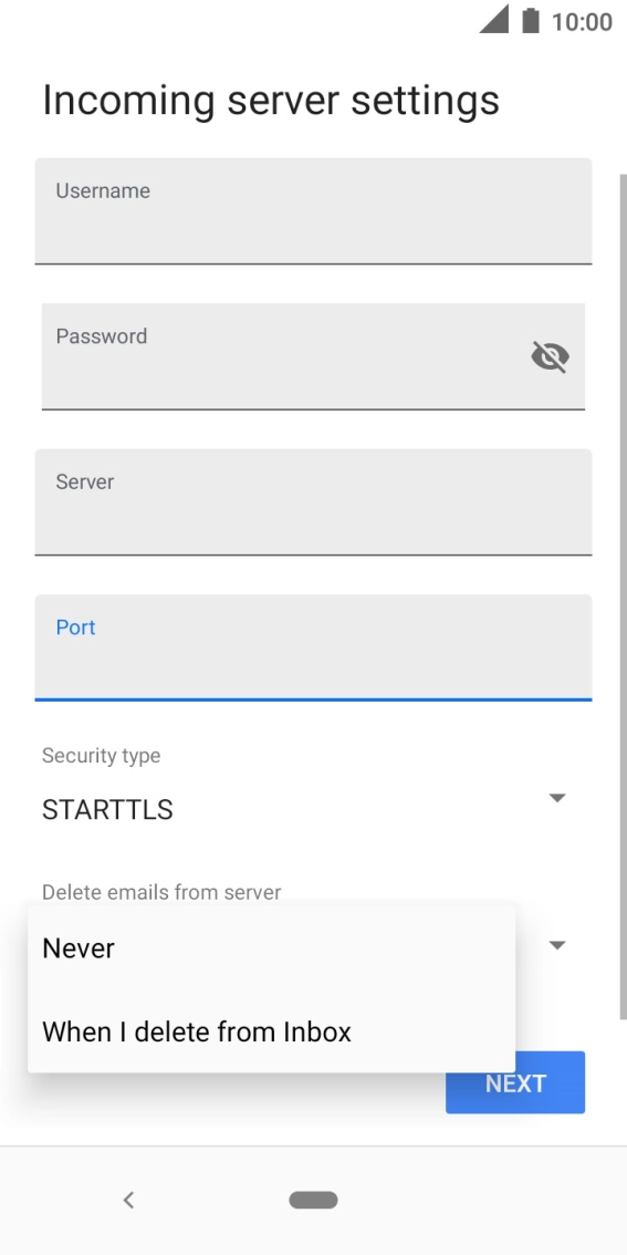 Press Never to keep emails on the server when you delete them on your phone. Press Never to keep emails on the server when you delete them on your phone.