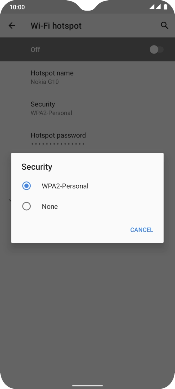 Press WPA2-Personal to password protect your WiFi hotspot. Press WPA2-Personal to password protect your WiFi hotspot.