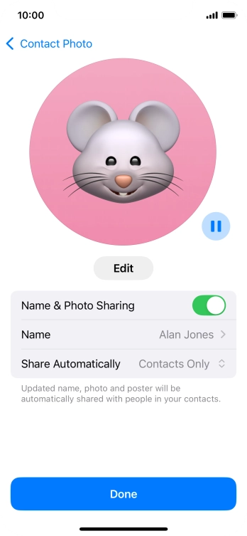 Press the indicator next to 'Name & Photo Sharing' to turn the function on or off.