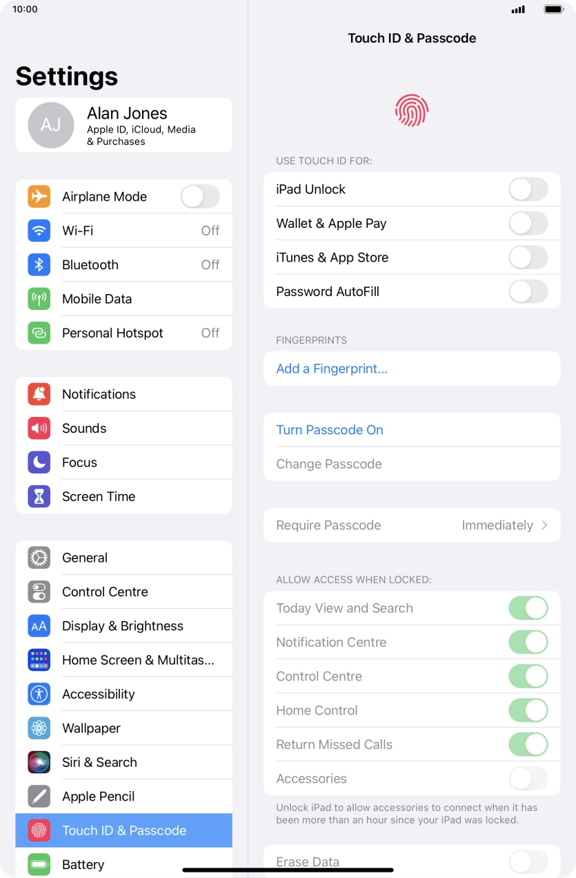 Press Turn Passcode On and key in a lock code of your own choice twice.