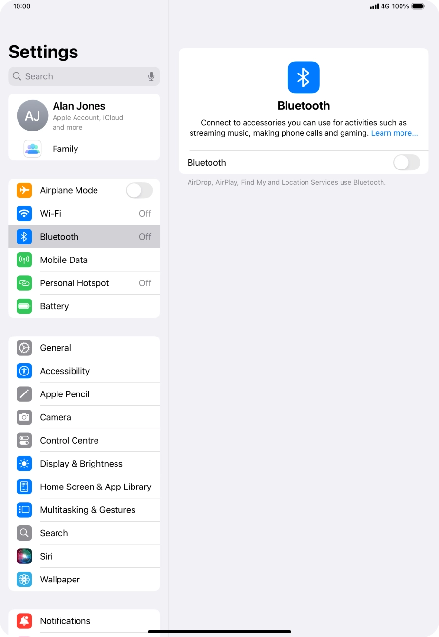 Press the indicator next to 'Bluetooth' to turn on the function.