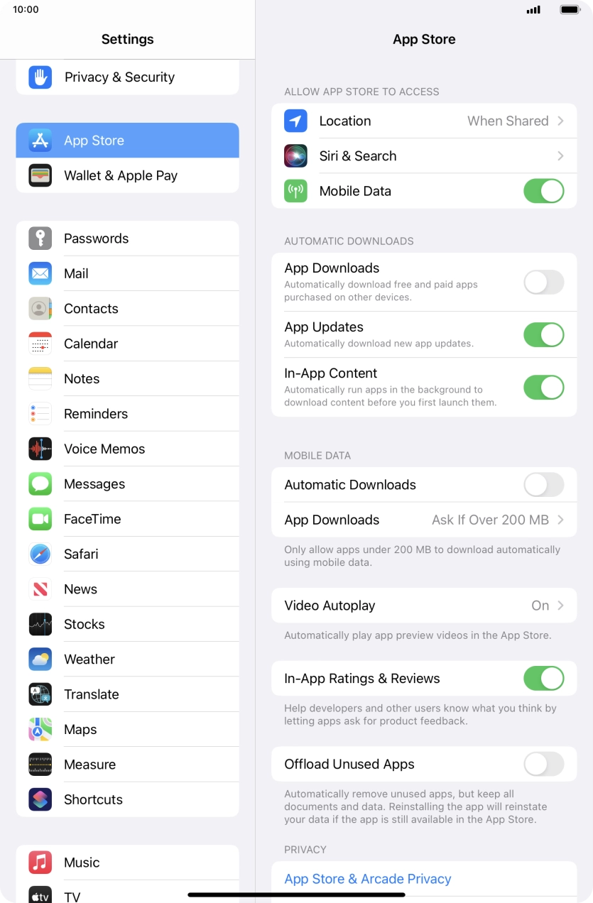 Press the indicators next to the required content types to turn the function on or off.