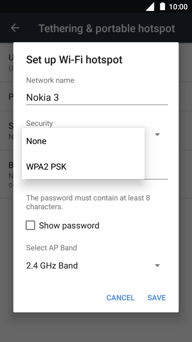 Press WPA2 PSK to password protect your WiFi hotspot.