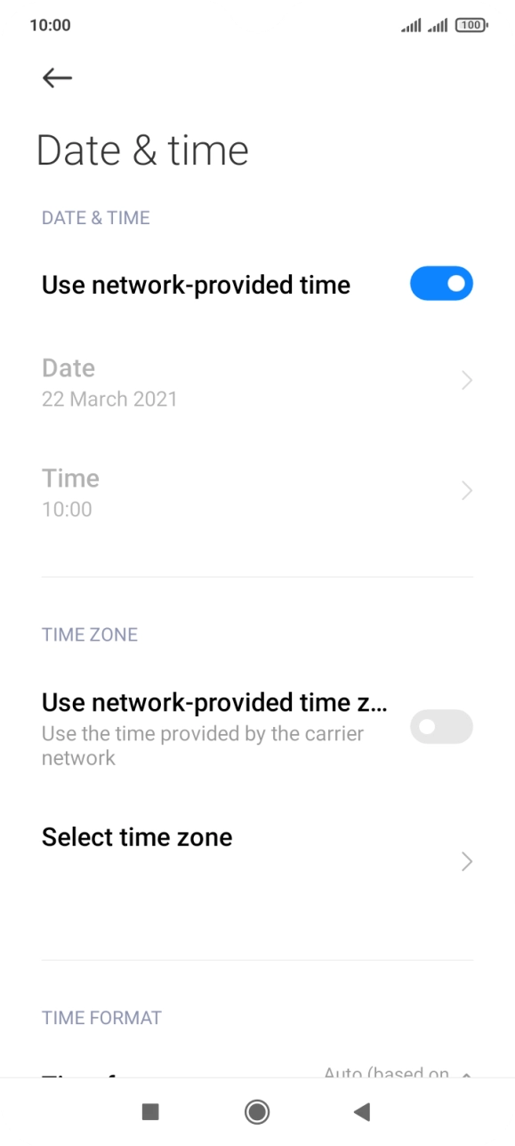Press the indicator next to 'Use network-provided time z...' to turn on the function.
