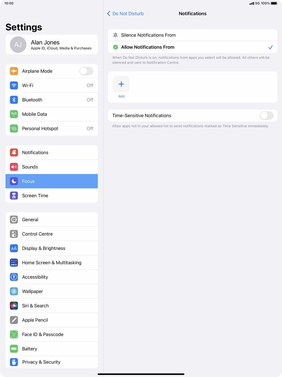 Press the indicator next to 'Time-Sensitive Notifications' to turn display of timed notifications on or off when Do Not Disturb is turned on. Press the indicator next to 'Time-Sensitive Notifications' to turn display of timed notifications on or off when Do Not Disturb is turned on.