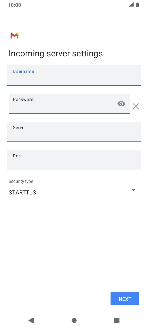 Press the field below 'Server' and key in the name of your email provider's incoming server. Press the field below 'Server' and key in the name of your email provider's incoming server.