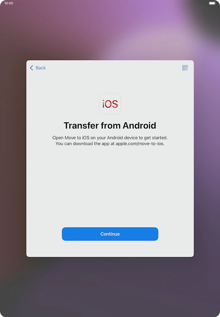 To transfer content to your tablet, you need to install the app 'Move to iOS' on the Android device. When the app is installed, press Continue.