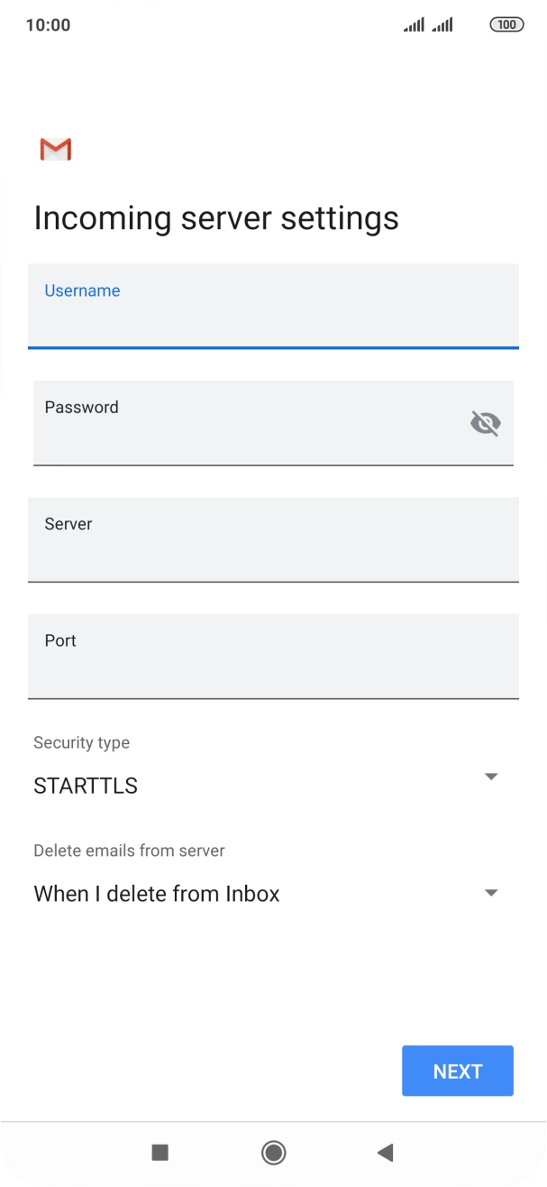 Press the field below 'Server' and key in the name of your email provider's incoming server. Press the field below 'Server' and key in the name of your email provider's incoming server.
