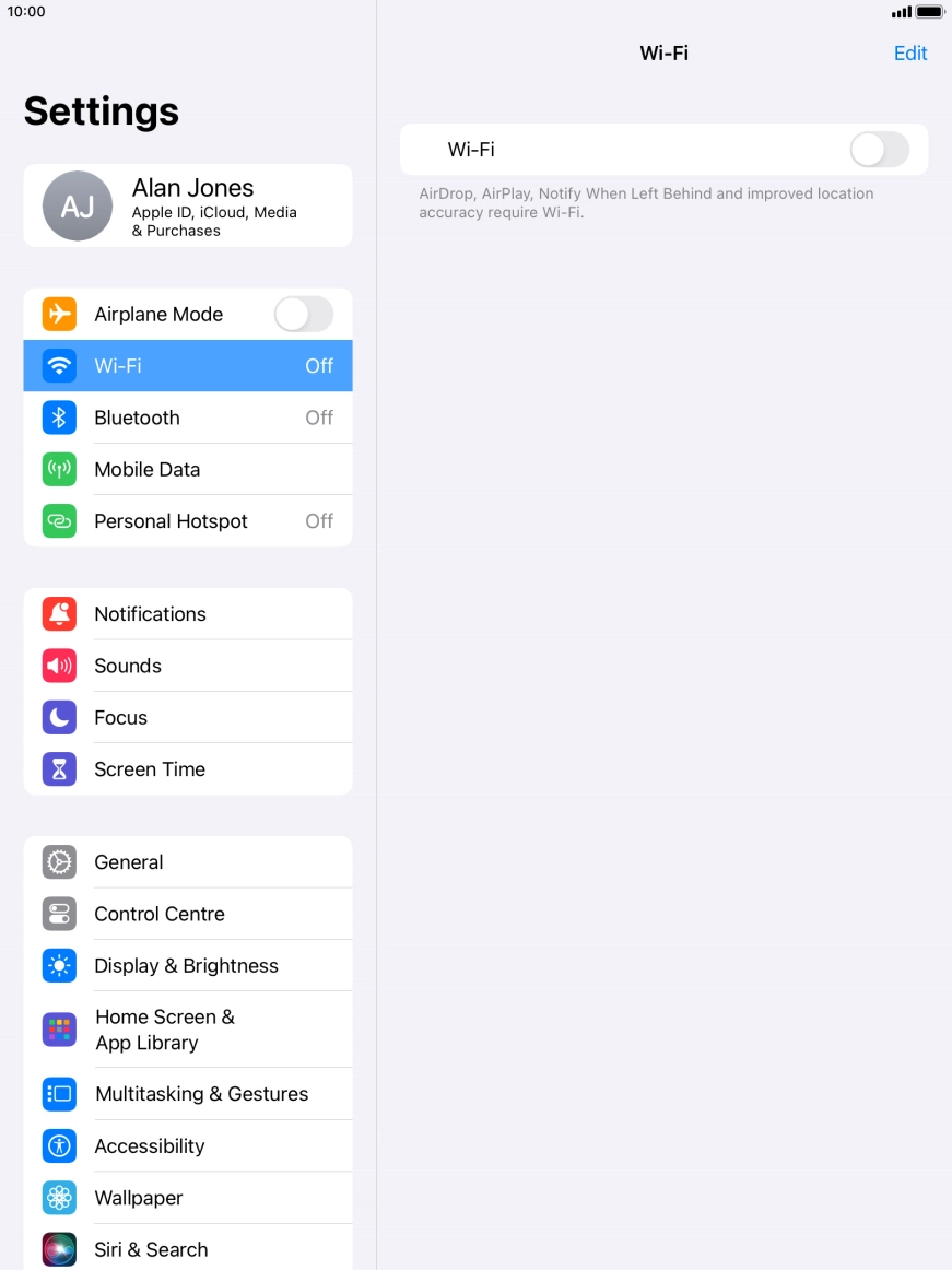 Press the indicator next to 'Wi-Fi' to turn on the function.