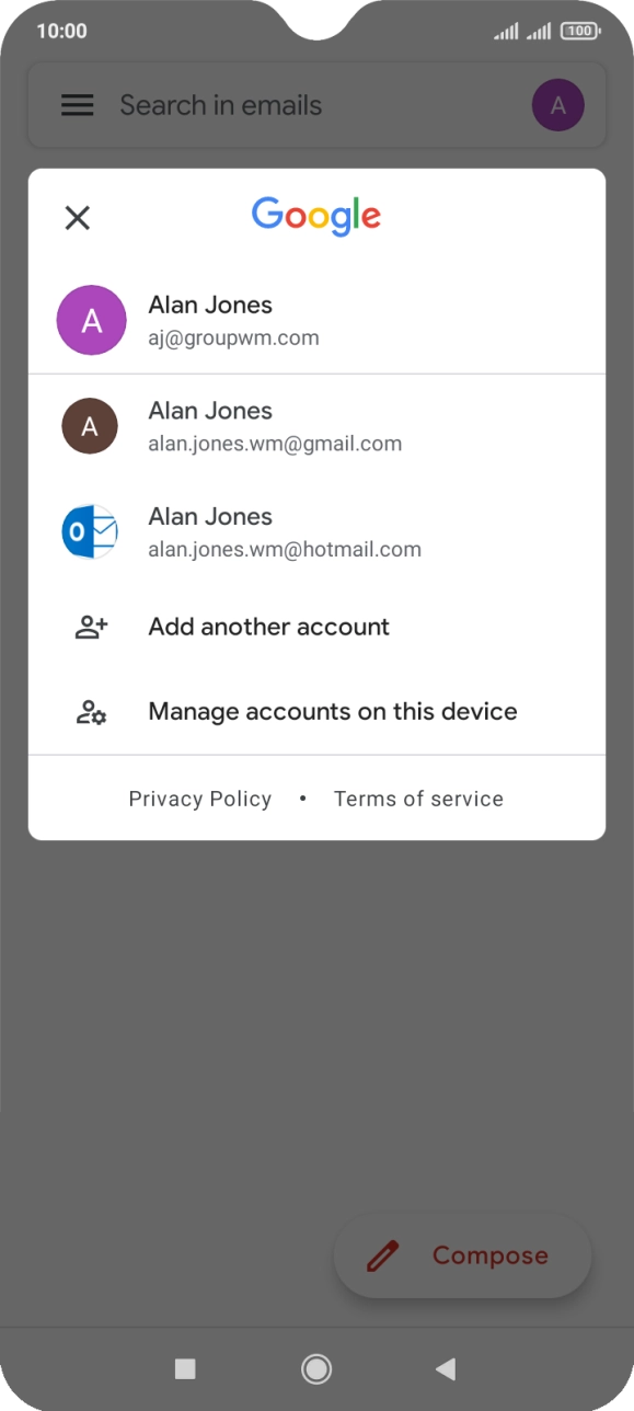 Press the required email account. Press the required email account.