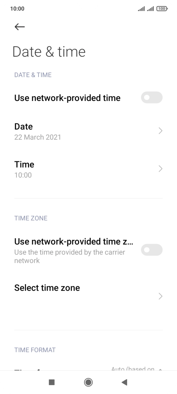 Press the indicator next to 'Use network-provided time' to turn on the function.