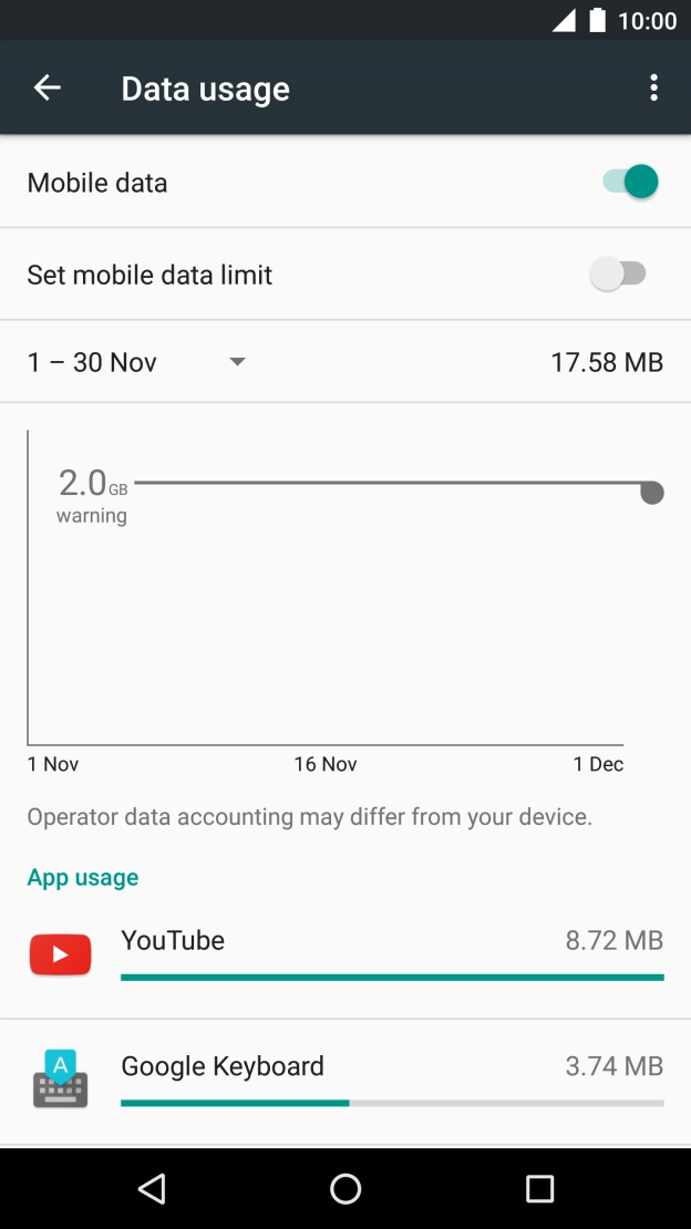 Press the indicator next to 'Mobile data' to turn the function on or off.